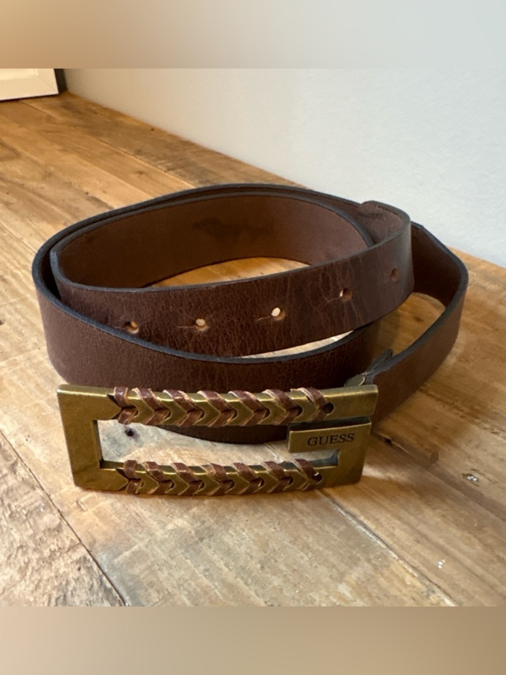 GUESS Brown Leather Men's Belt with Brass-Tone Braided Buckle